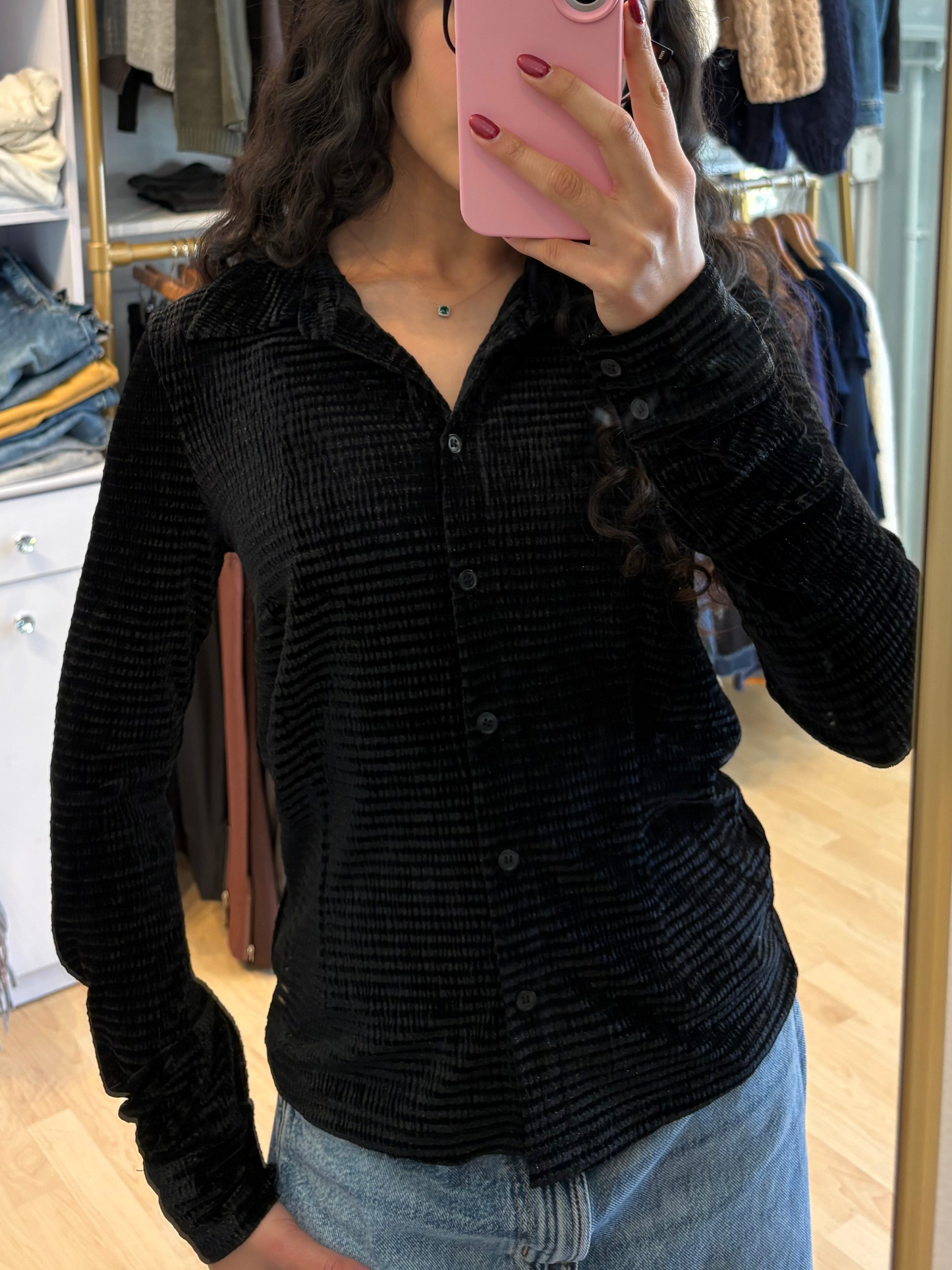 Fitted Velvet Button Down Blouse