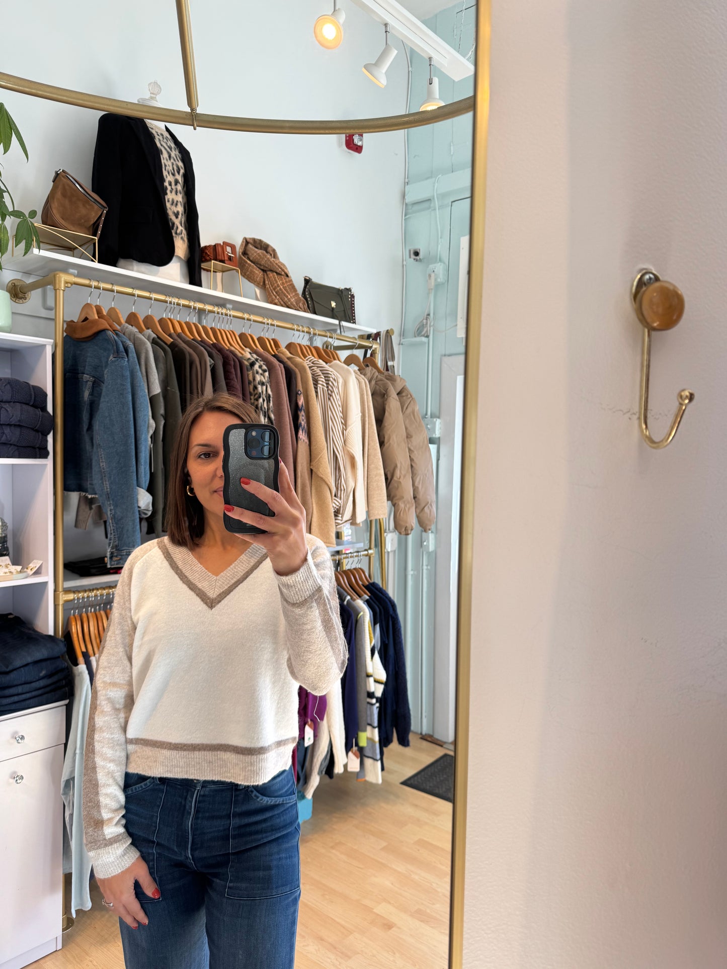 Central Park West Oat and Winter White Cropped V-Neck Sweater