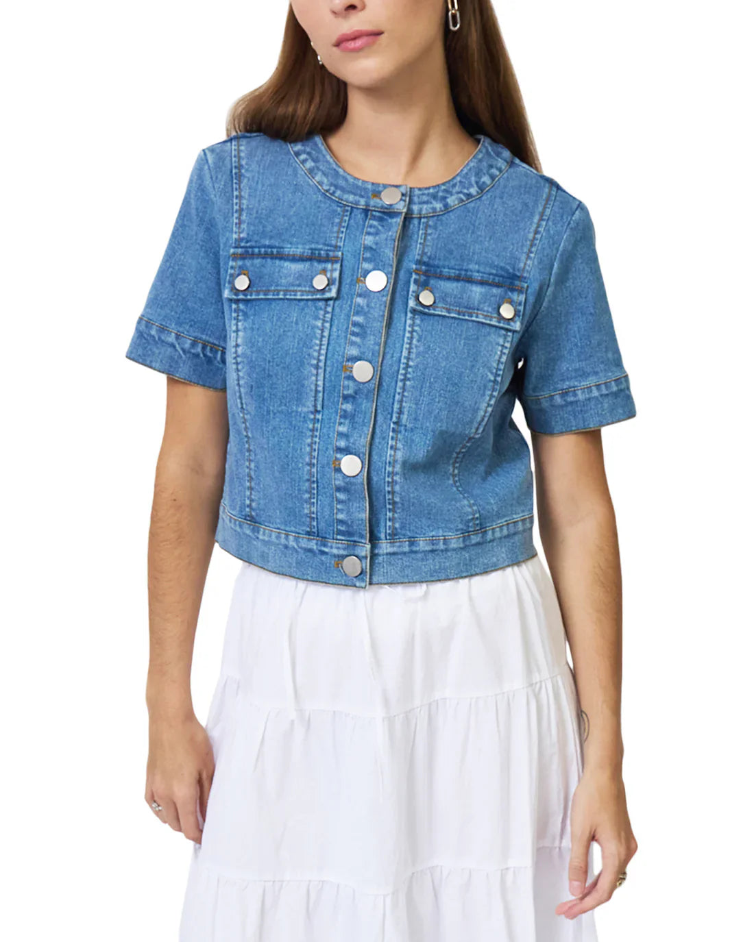 Central Park West Serena Cropped Short Sleeve Denim Jacket