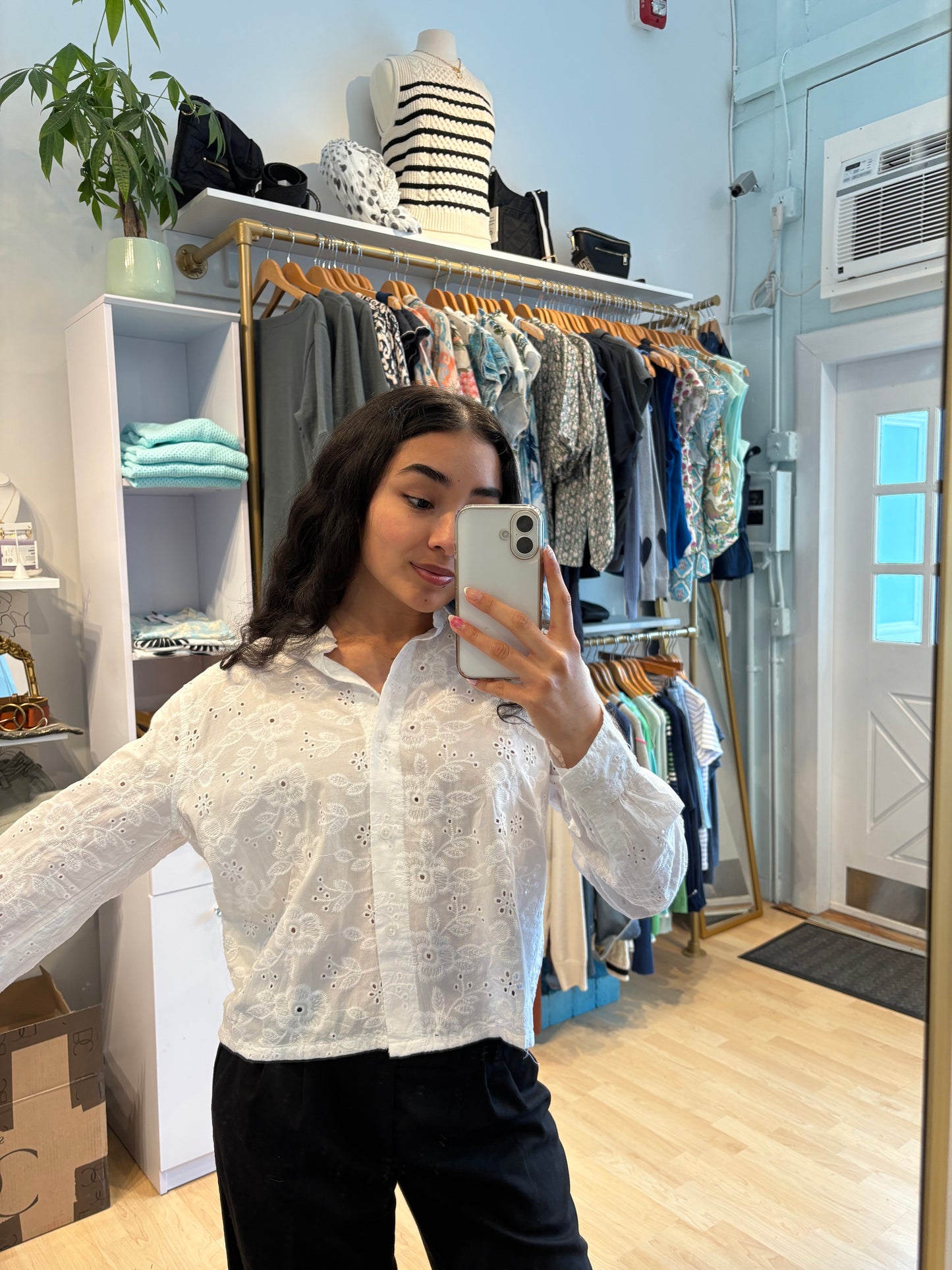 Cropped Button Front Eyelet Top