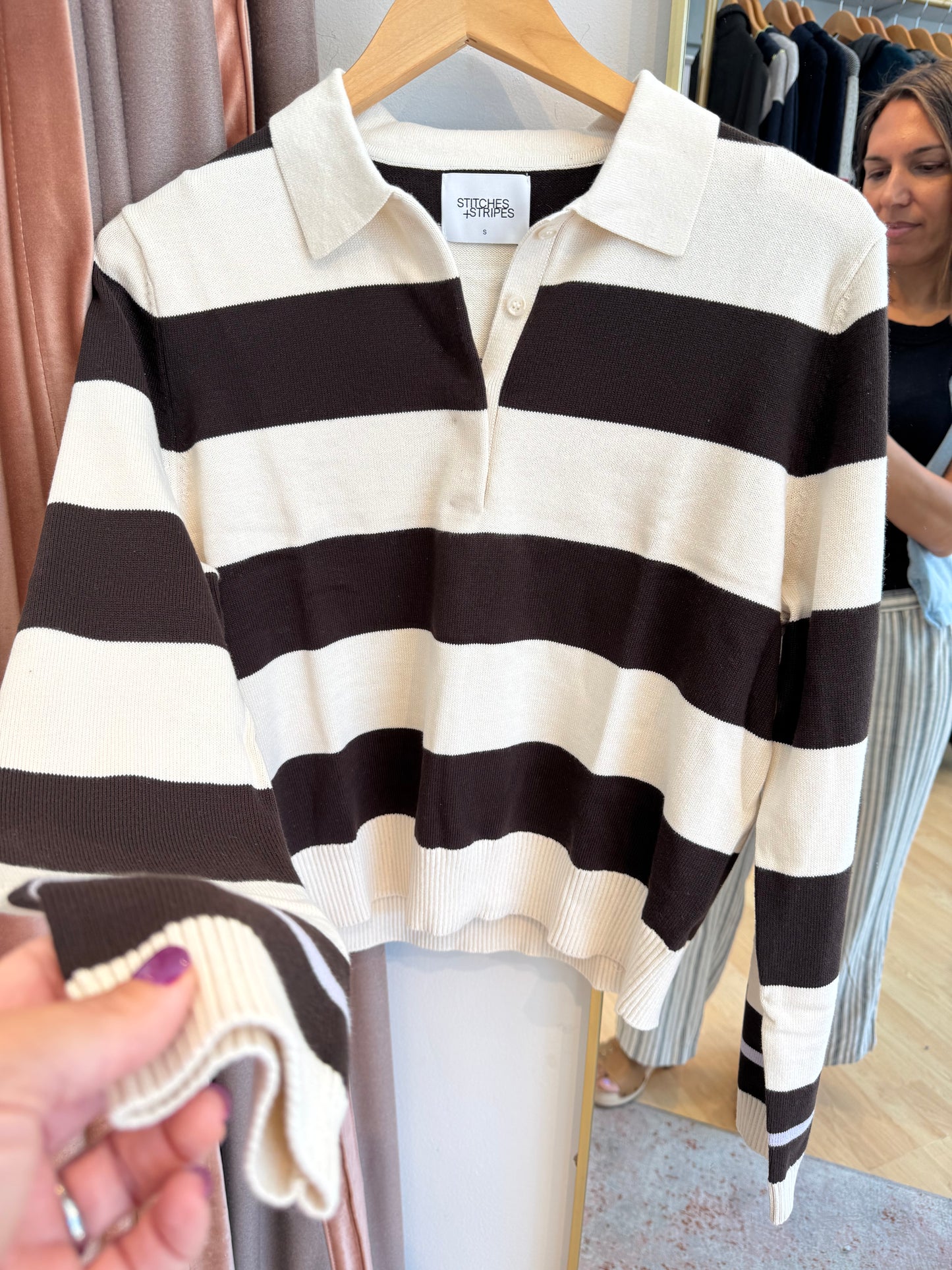Shawn Rugby Cream and Brown Striped Polo Sweater