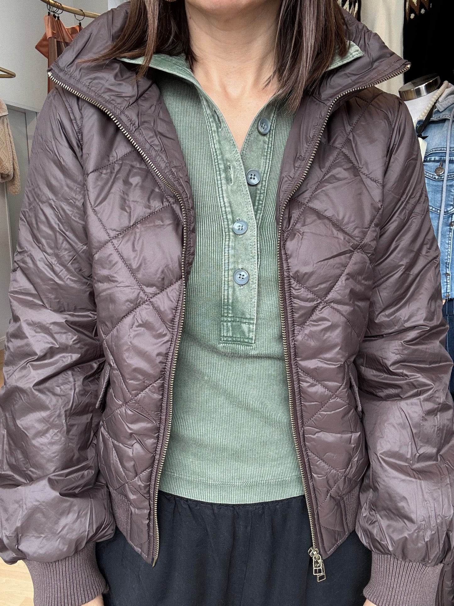 Leni Brown Nylon Quilted Fall Bomber Jacket