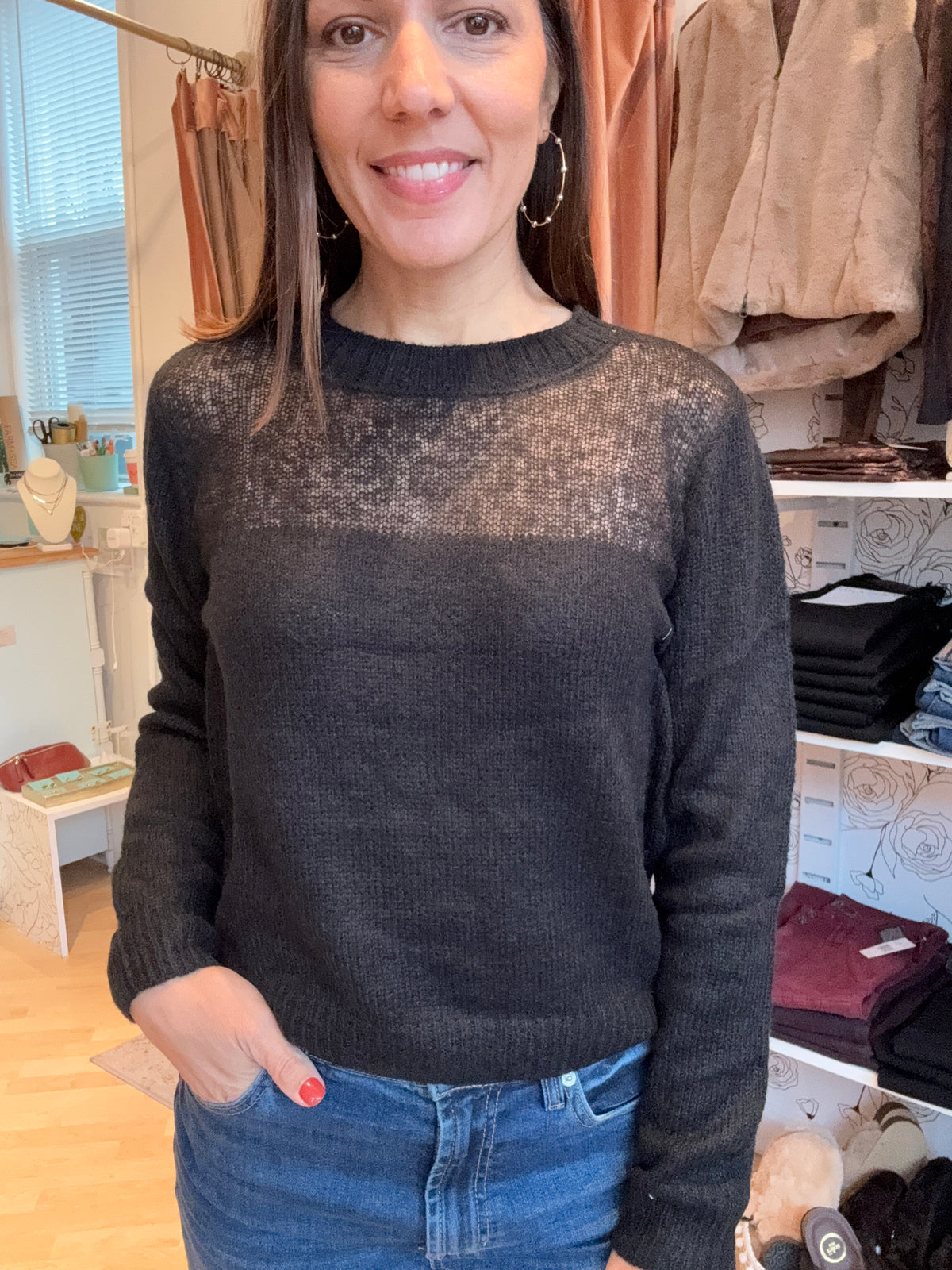 Sheer Blocked Crew Sweater by Bobi