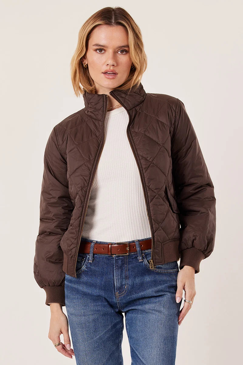 Leni Brown Nylon Quilted Fall Bomber Jacket