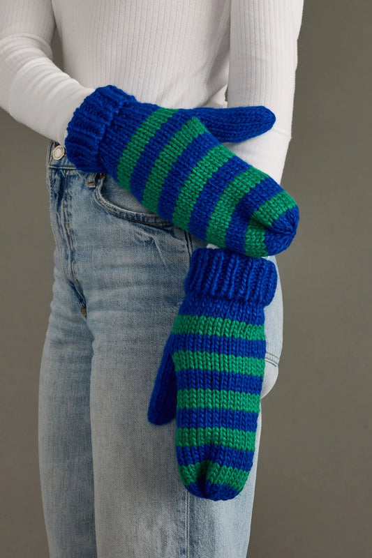 Royal Blue and Green Striped Mittens