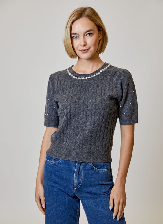 Rhinestone Short Sleeve Sweater