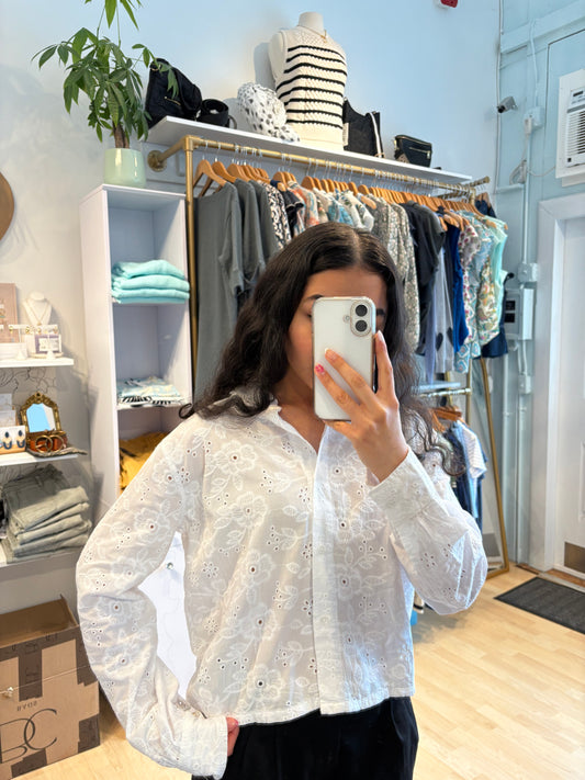 Cropped Button Front Eyelet Top