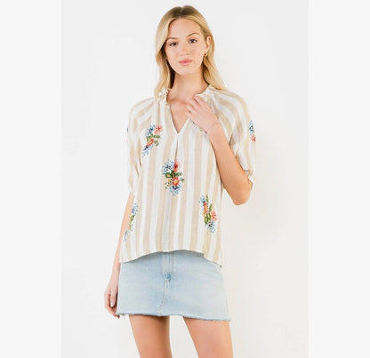 Striped Floral Split Neck Blouse