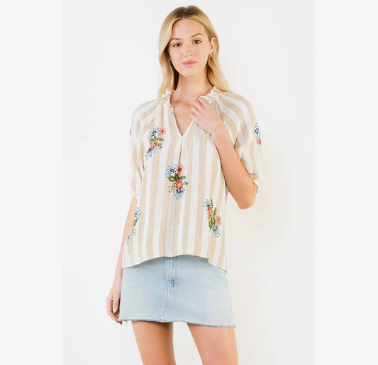 Striped Floral Split Neck Blouse