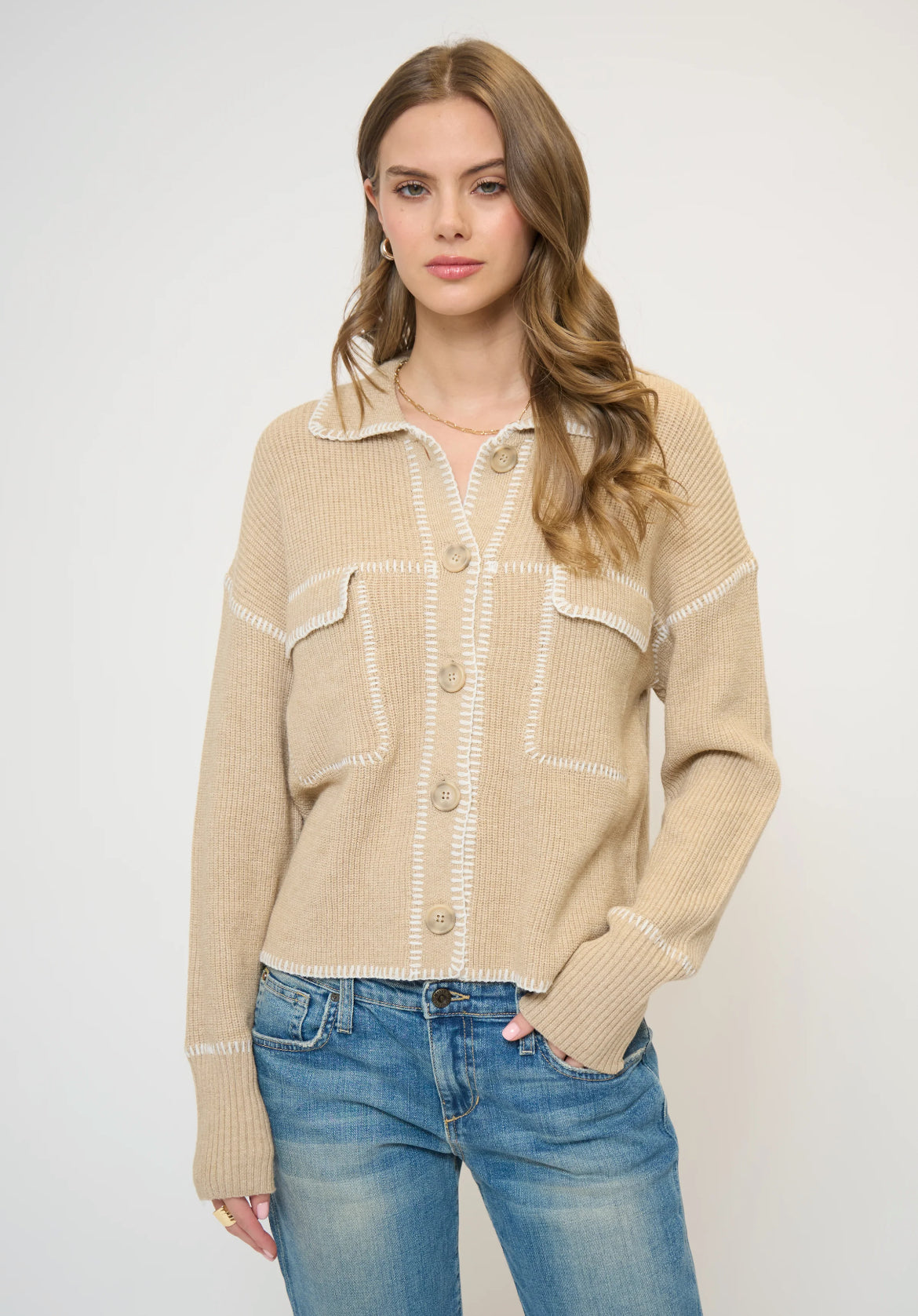 Central Park West Maisie Topstitch Button Sweater Jacket