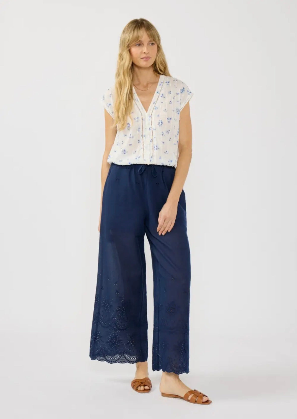 Blue Floral Lace Trim Top