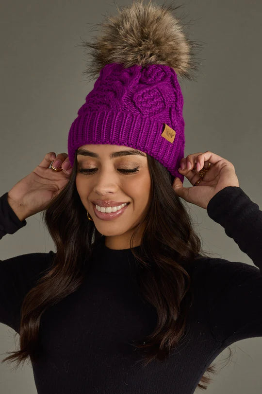 Purple cable knit Pom Pom hat