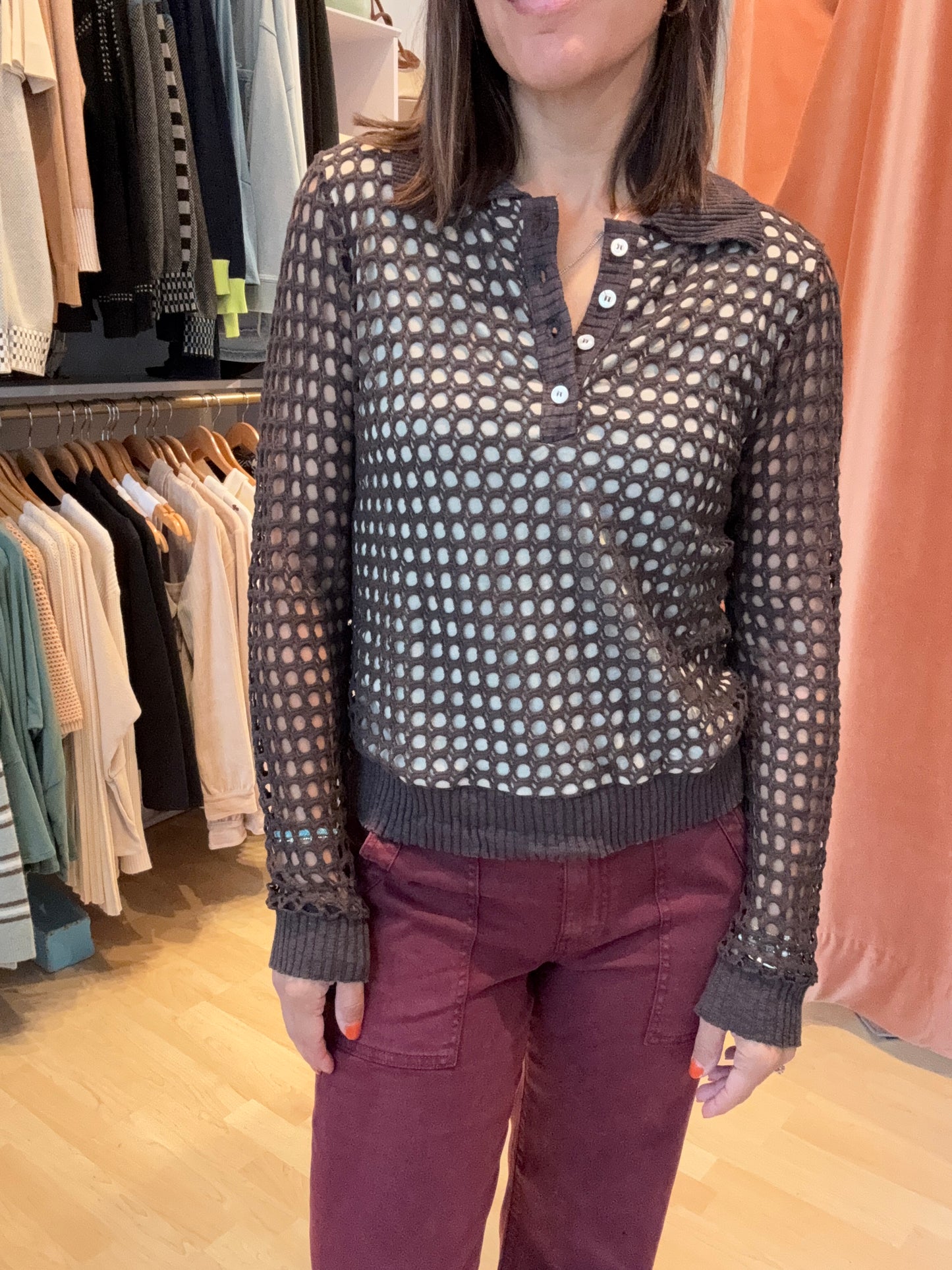 Long Sleeve Crochet Polo Collar Top by Pete Collection