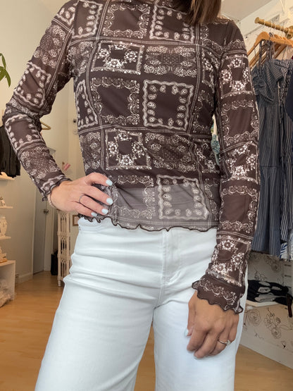 Wren Sheer Bandana Print Mock Neck