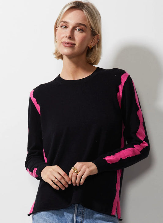 Crew Neck Intarsia Trim Sweater