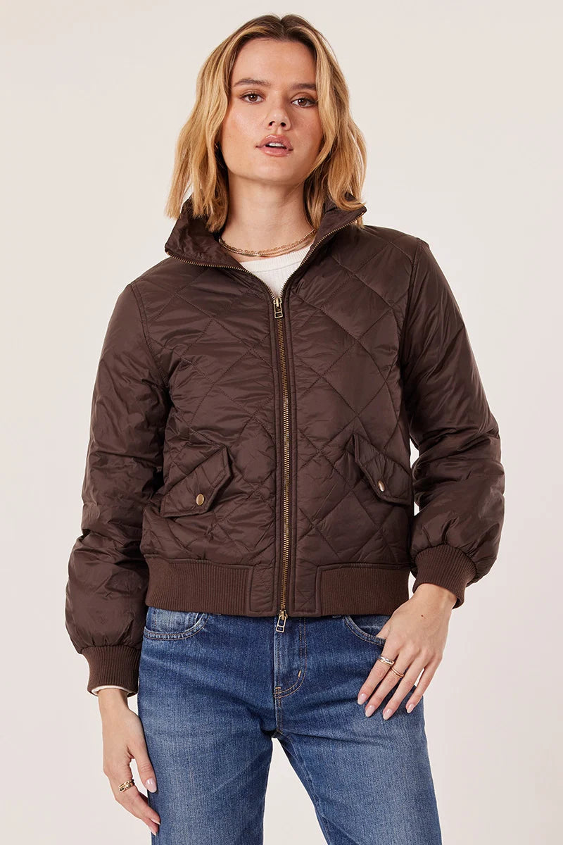 Leni Brown Nylon Quilted Fall Bomber Jacket