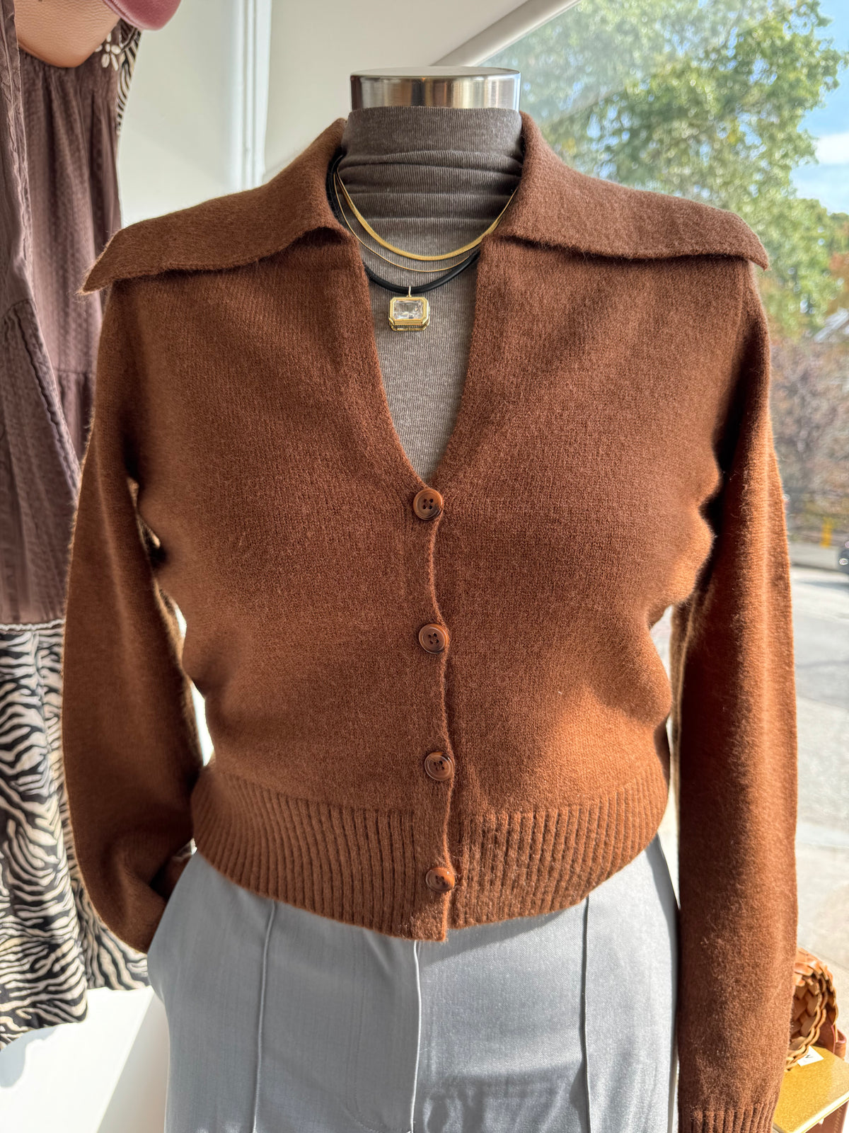 Cropped Brown Collared Sweater Cardigan