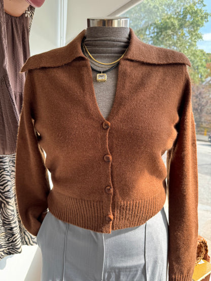 Cropped Brown Collared Sweater Cardigan