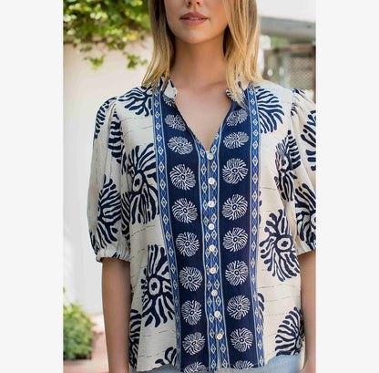 Puff Sleeve Abstract Print Vacation Blouse
