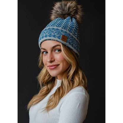 Frosty Blue and Gray Patterned Pom Hat