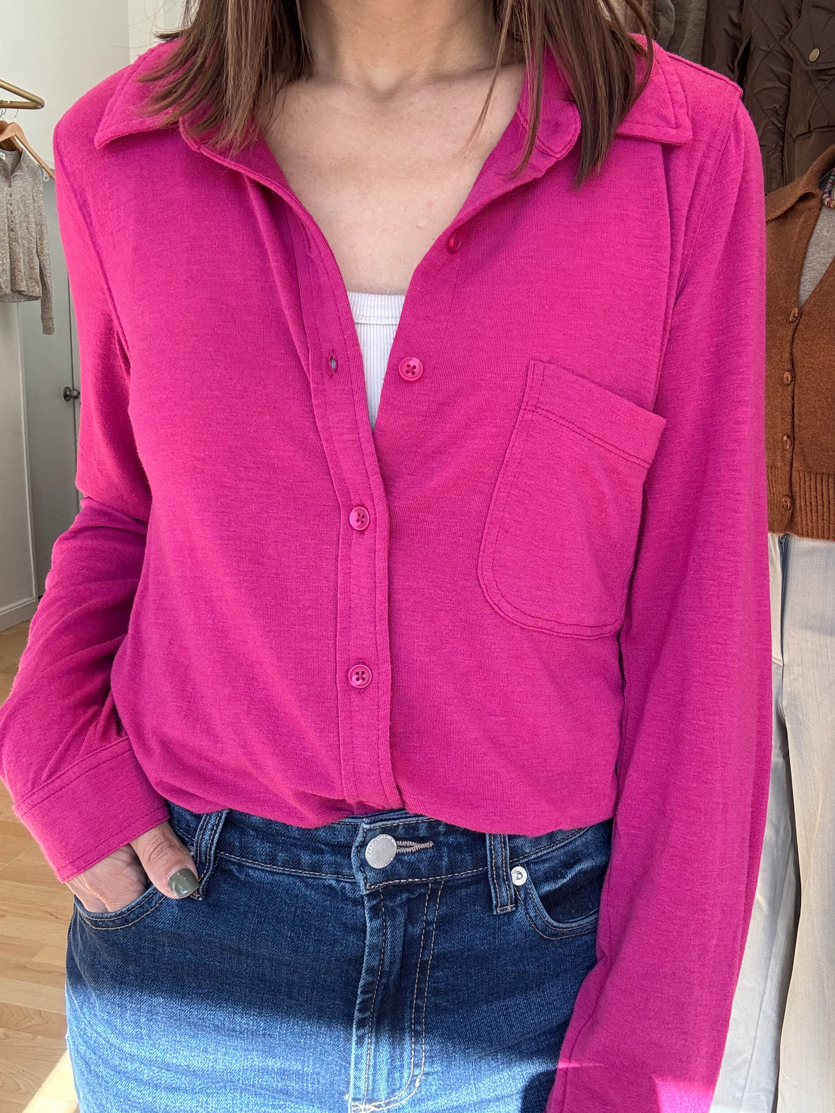 Collared Button Front Fuchsia