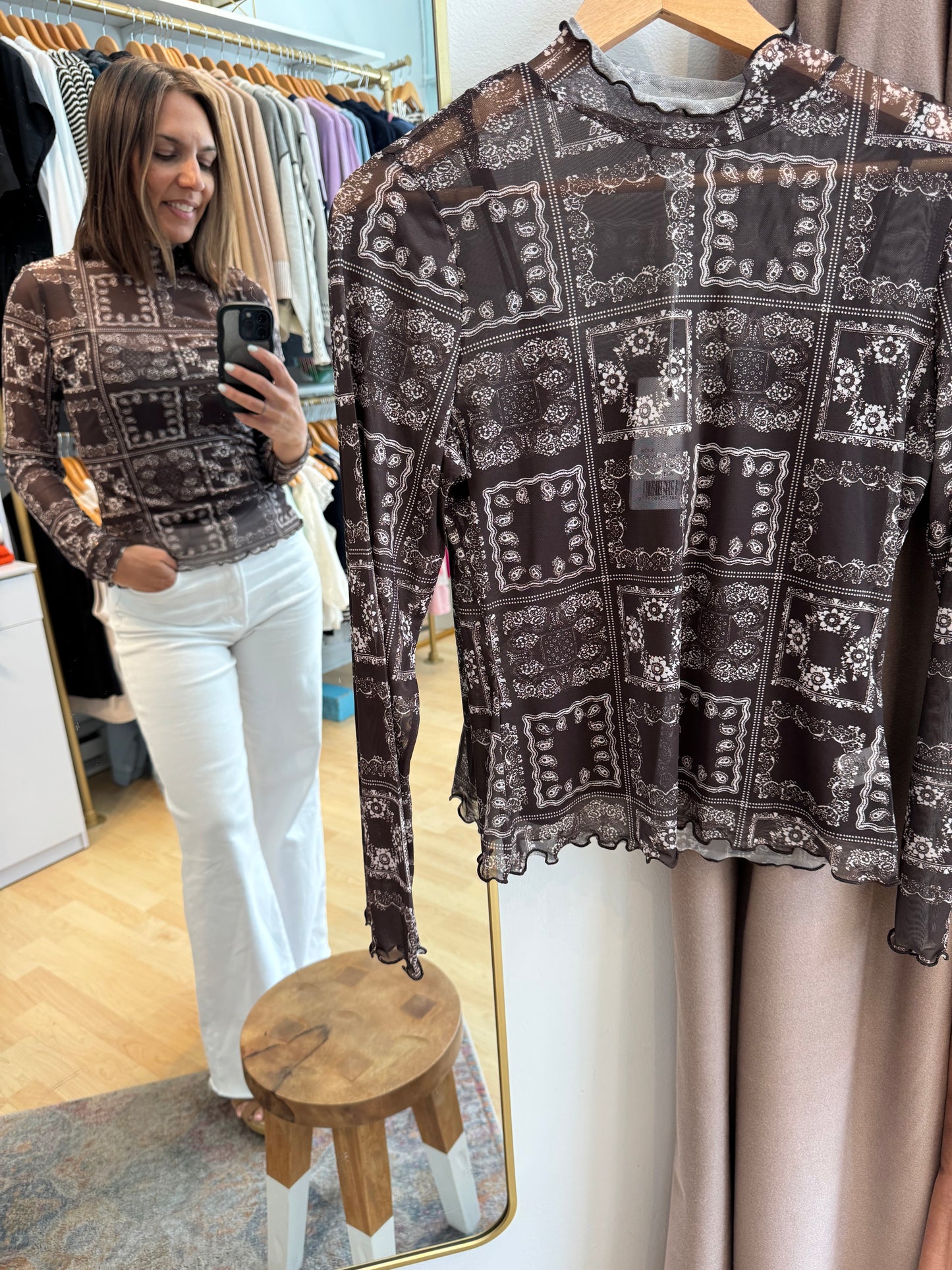Wren Sheer Bandana Print Mock Neck