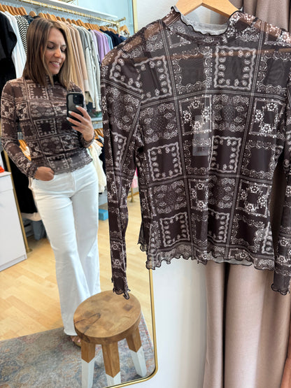Wren Sheer Bandana Print Mock Neck