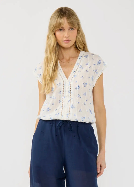 Blue Floral Lace Trim Top