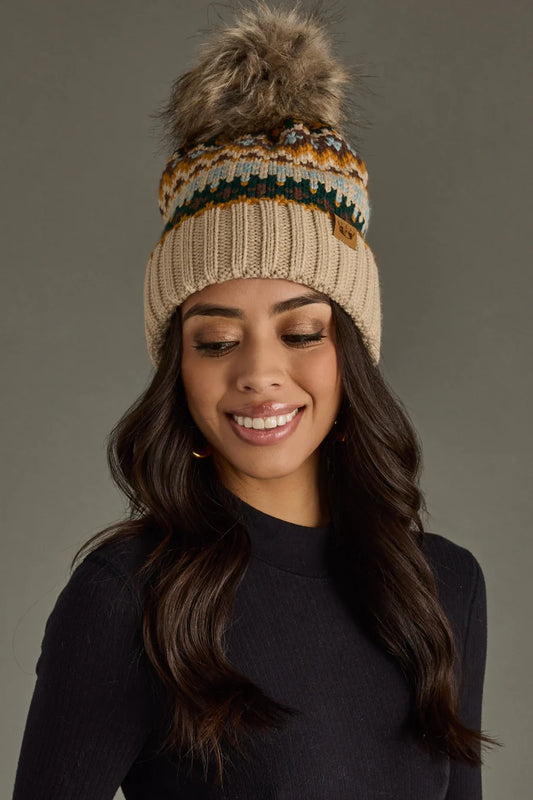 Taupe and multi Pom hat