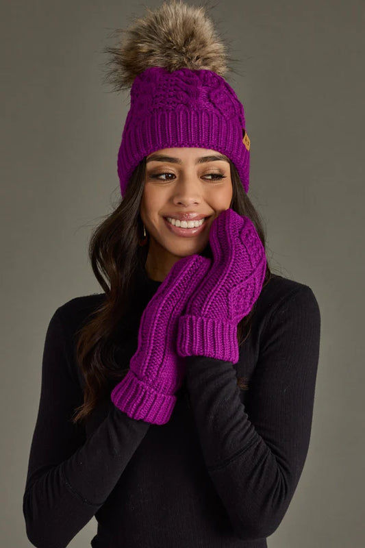 Purple cable knit mittens