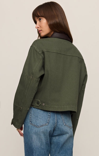 Back view of green chore jacket 