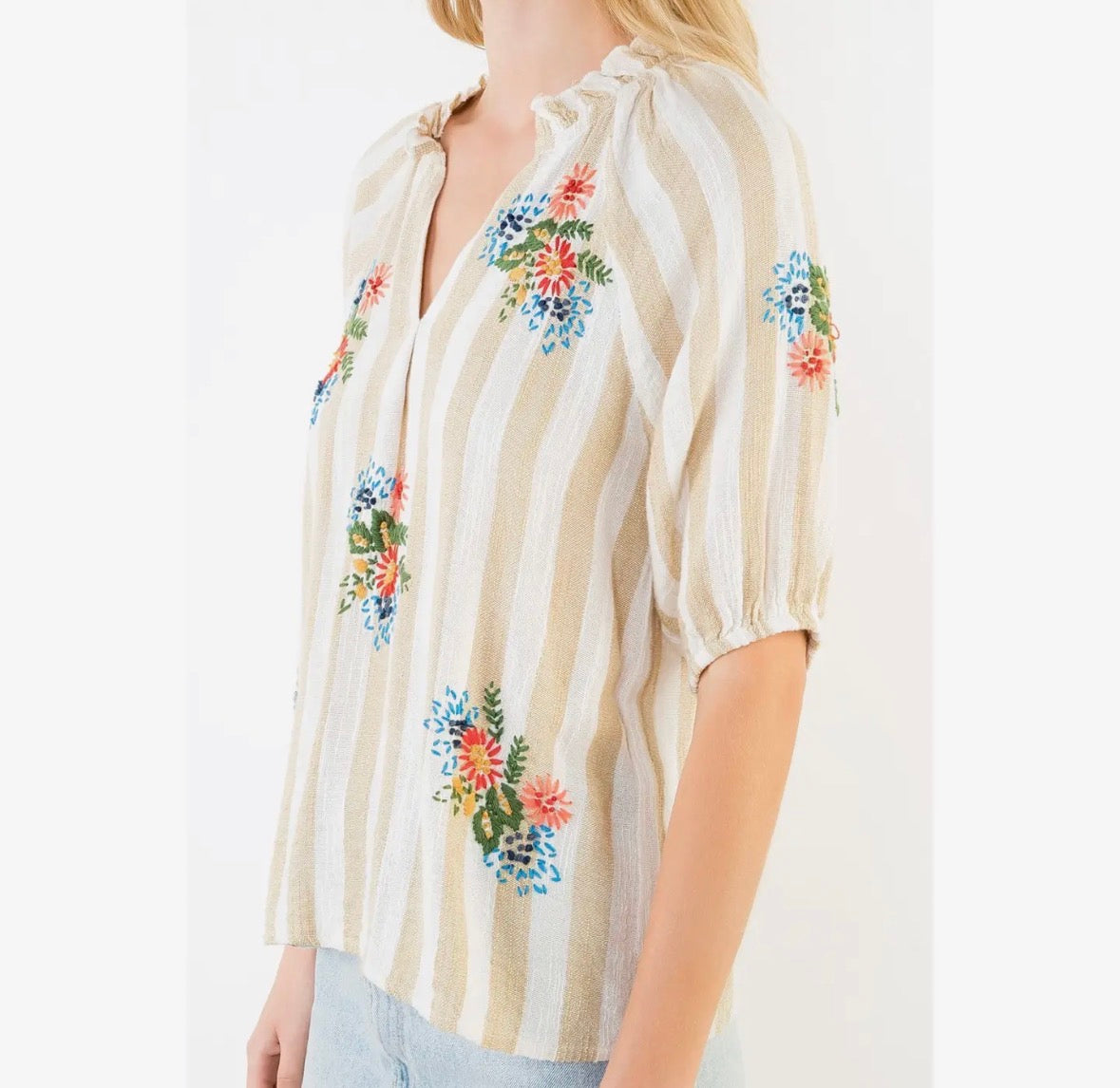 Striped Floral Split Neck Blouse