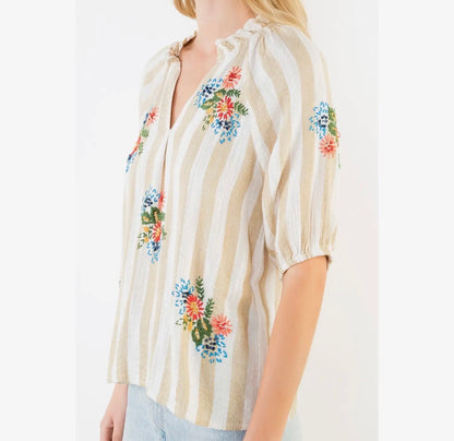Striped Floral Split Neck Blouse