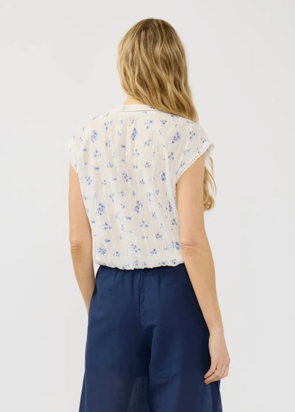 Blue Floral Lace Trim Top