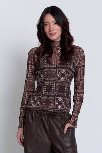 Wren Sheer Bandana Print Mock Neck