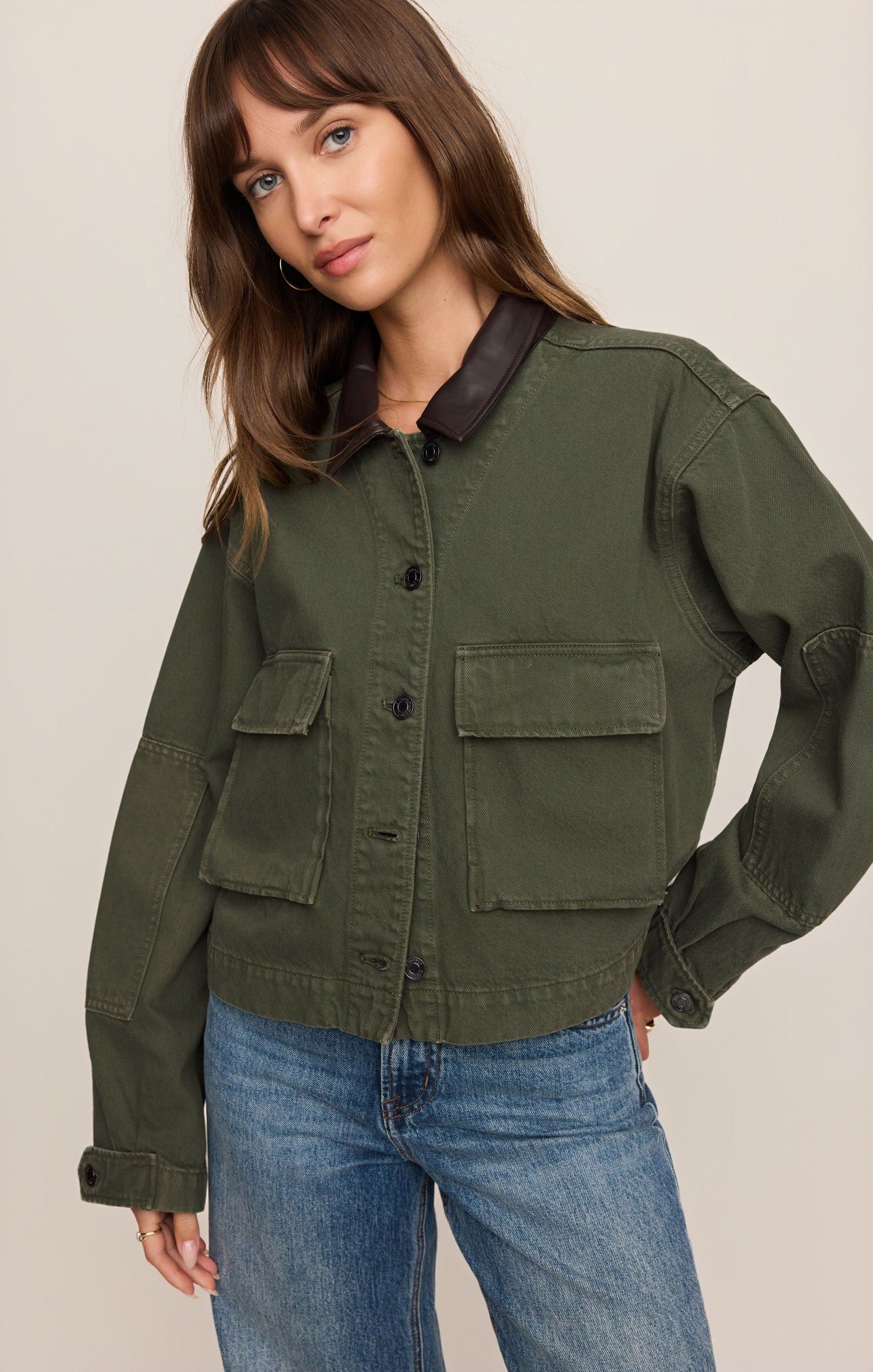 green cropped barn jacket with faux leather collar 