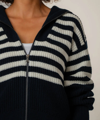 Noelle Navy Striped Full Zip Top