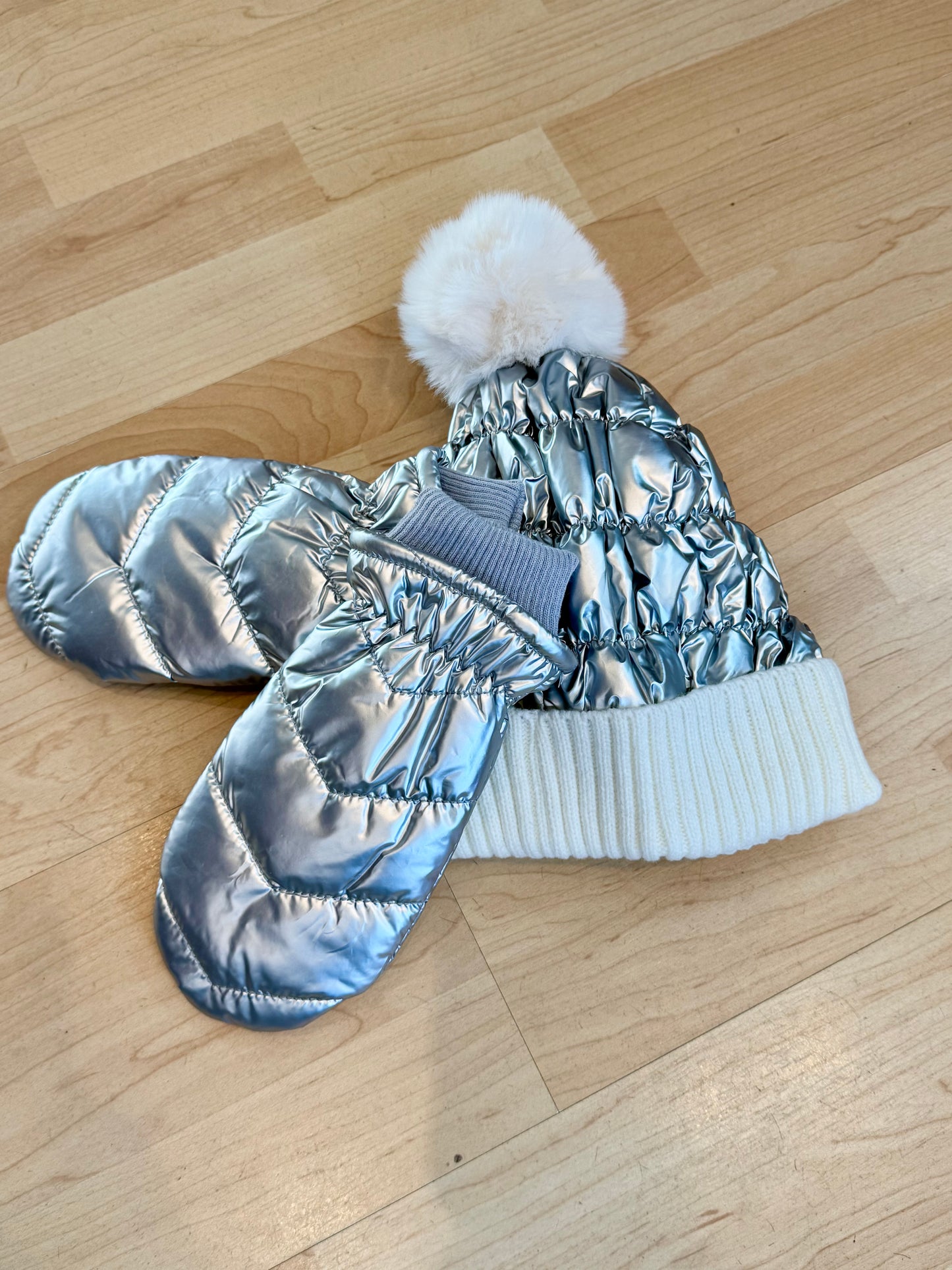 Shiny Quilted Hat and Mitten Set