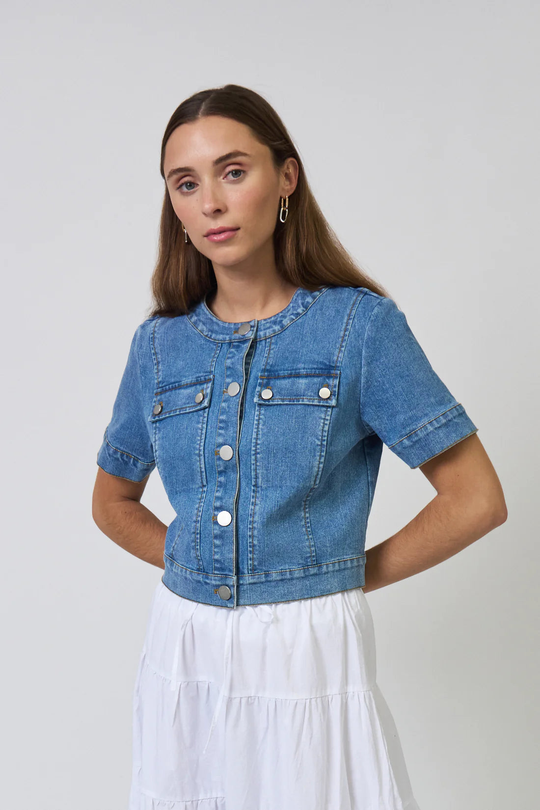Central Park West Serena Cropped Short Sleeve Denim Jacket
