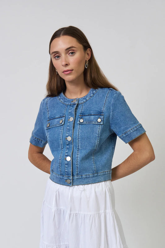 Central Park West Serena Cropped Short Sleeve Denim Jacket