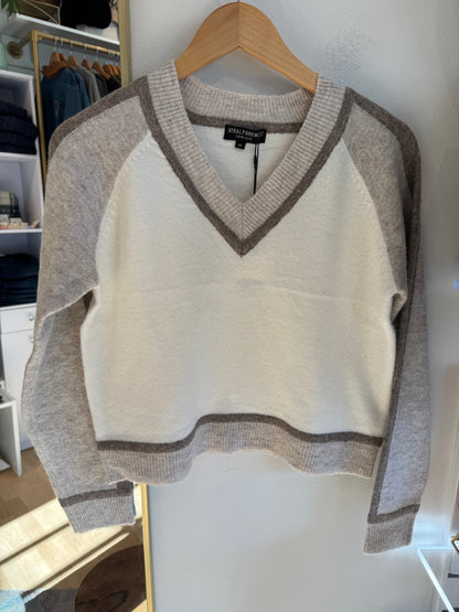 Central Park West Oat and Winter White Cropped V-Neck Sweater