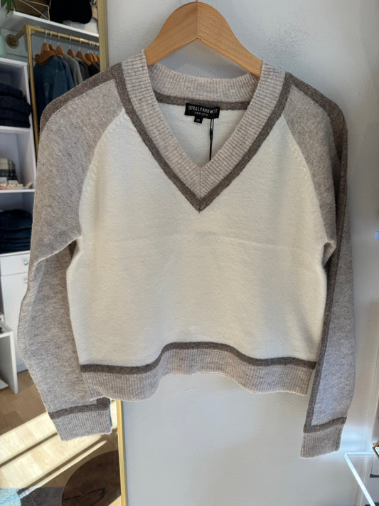 Central Park West Oat and Winter White Cropped V-Neck Sweater