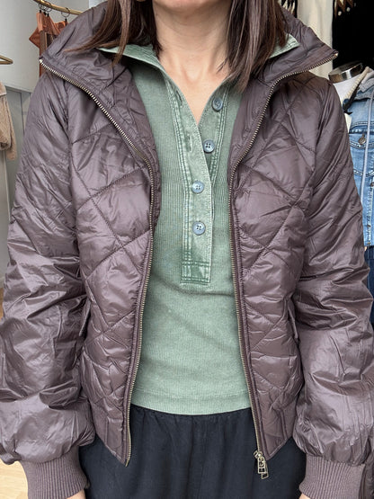 Leni Brown Nylon Quilted Fall Bomber Jacket
