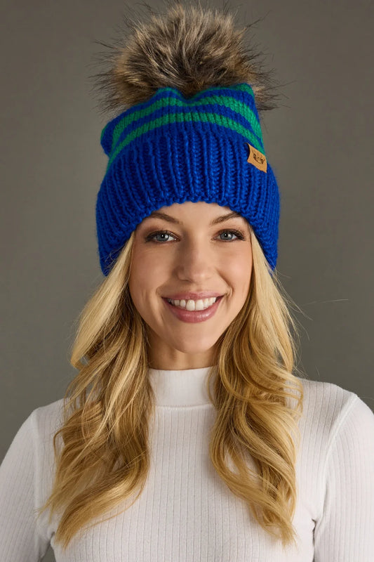 Royal blue and green Pom hat