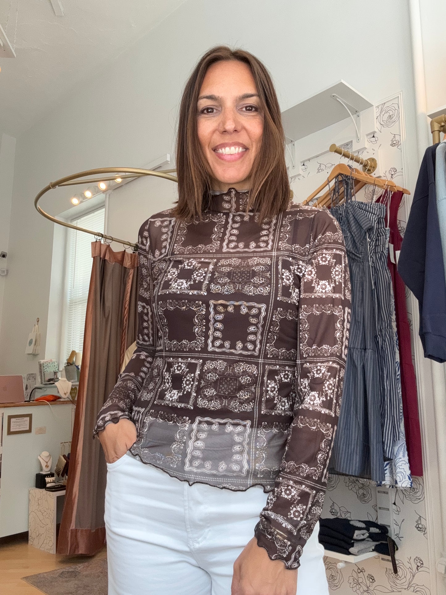 Wren Sheer Bandana Print Mock Neck