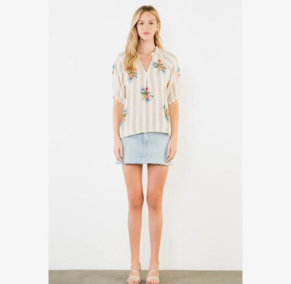 Striped Floral Split Neck Blouse
