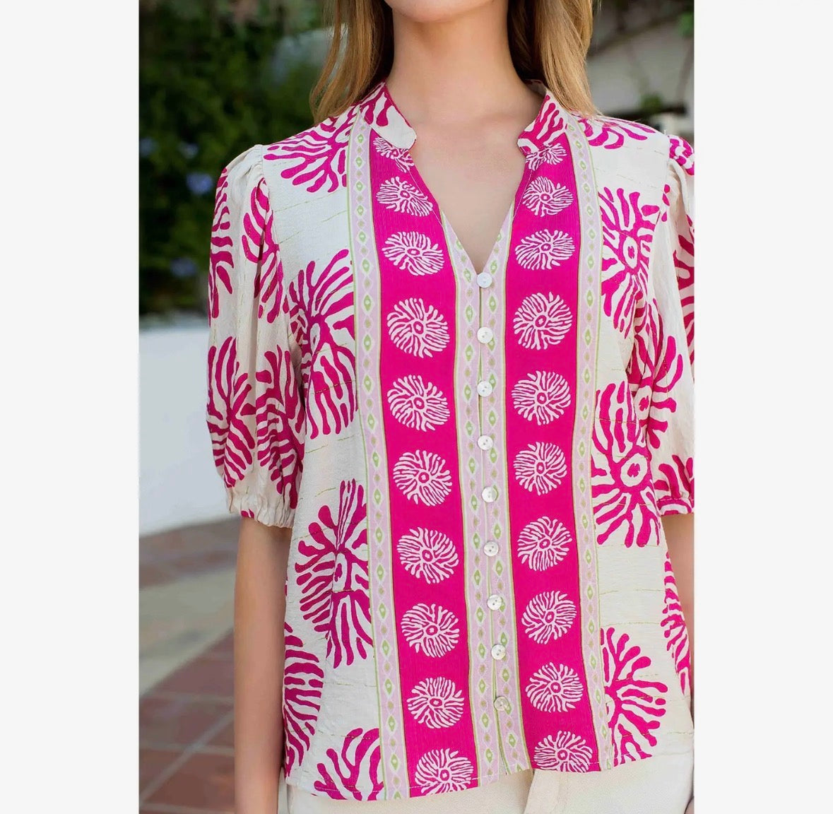 Puff Sleeve Abstract Print Vacation Blouse