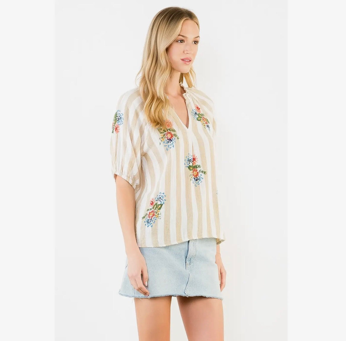 Striped Floral Split Neck Blouse