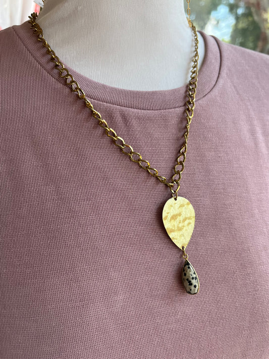 Gold Chain Necklace with Hammered Charm and Stone