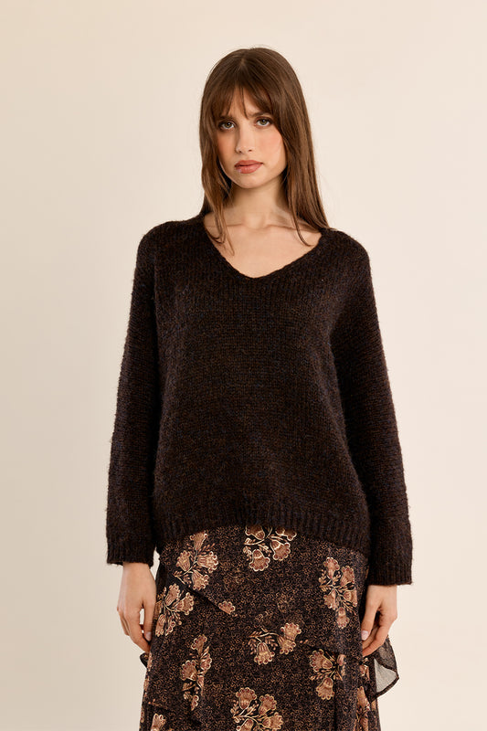 Relaxed Chocolate Brown V-Neck Sweater